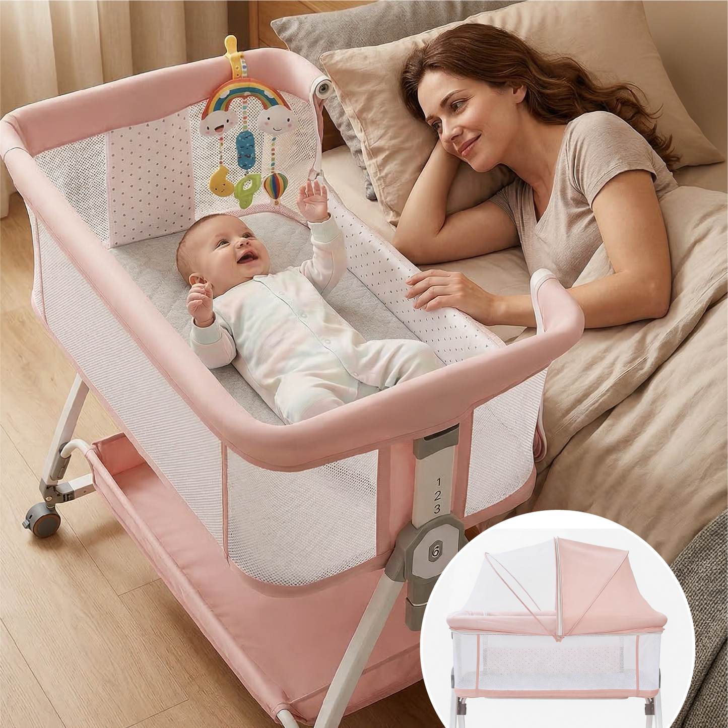 4-in-1 Baby Bassinet Bedside Sleeper — 6-Height Adjustable with Soft Mattress & Soothing Toy