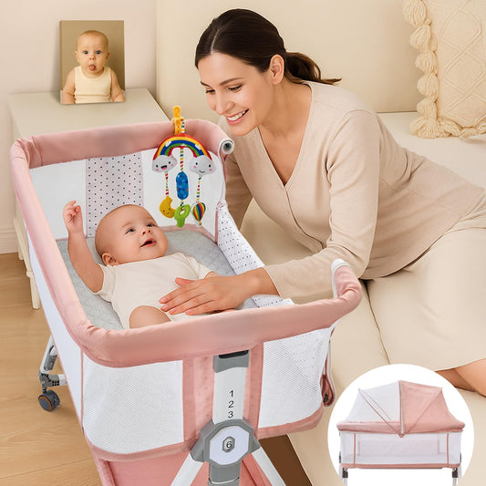4-in-1 Baby Bassinet Bedside Sleeper — 6-Height Adjustable with Soft Mattress & Soothing Toy