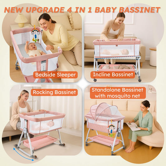 4-in-1 Baby Bassinet Bedside Sleeper — 6-Height Adjustable with Soft Mattress & Soothing Toy