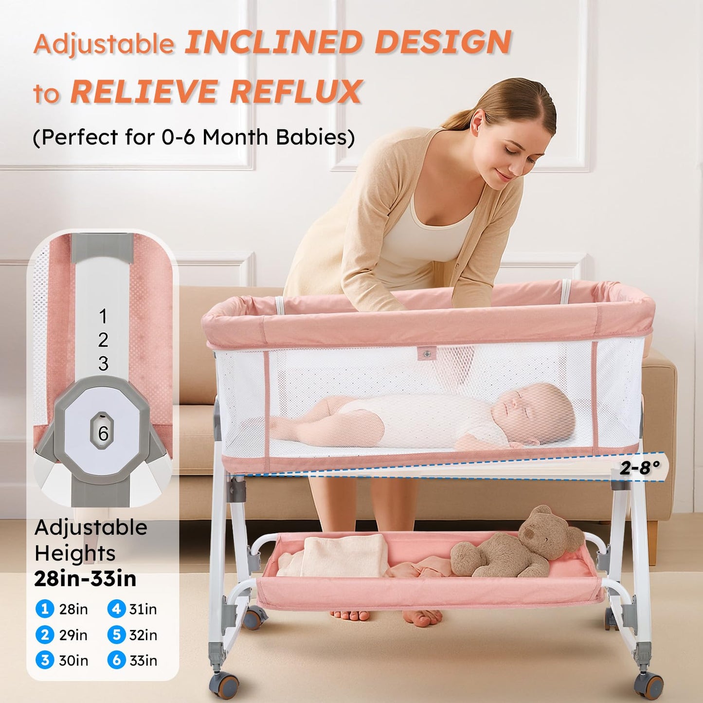 4-in-1 Baby Bassinet Bedside Sleeper — 6-Height Adjustable with Soft Mattress & Soothing Toy