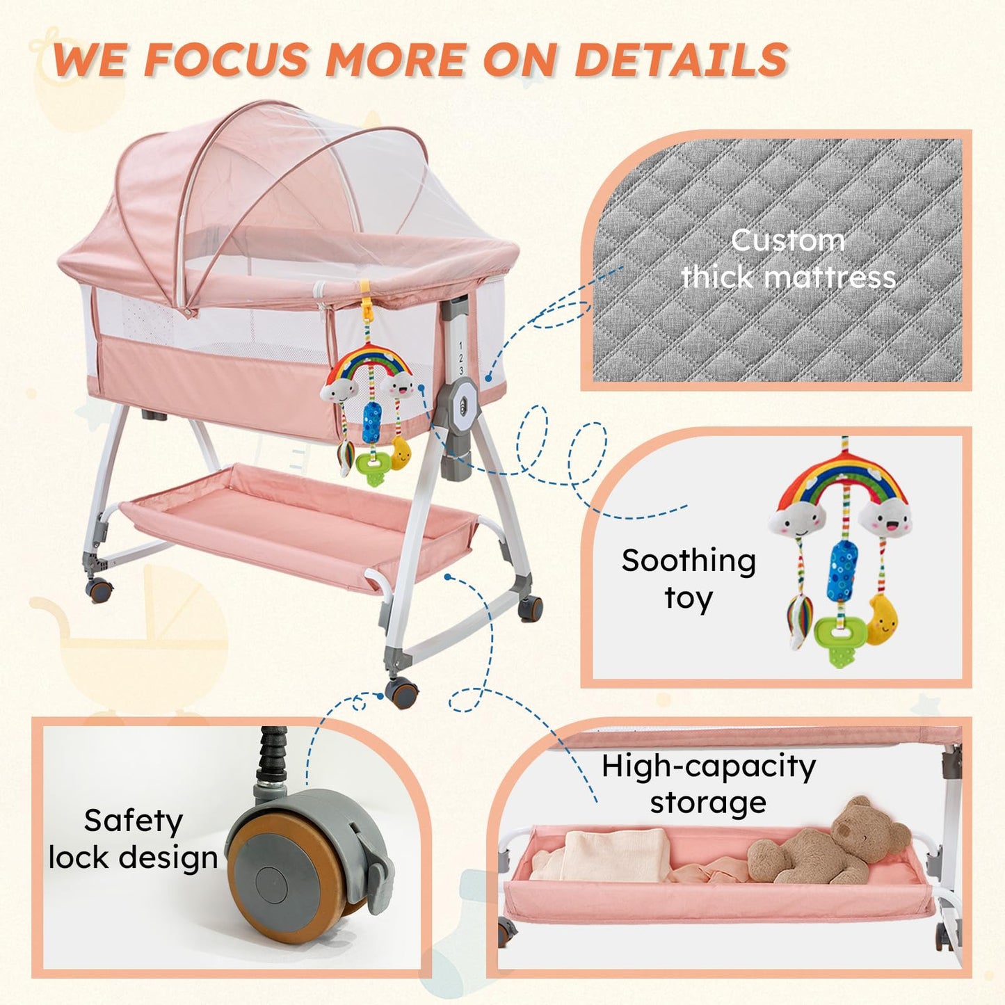 4-in-1 Baby Bassinet Bedside Sleeper — 6-Height Adjustable with Soft Mattress & Soothing Toy