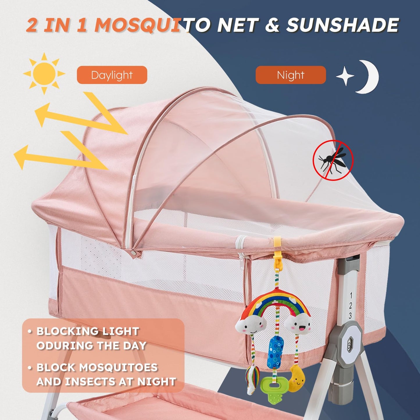 4-in-1 Baby Bassinet Bedside Sleeper — 6-Height Adjustable with Soft Mattress & Soothing Toy