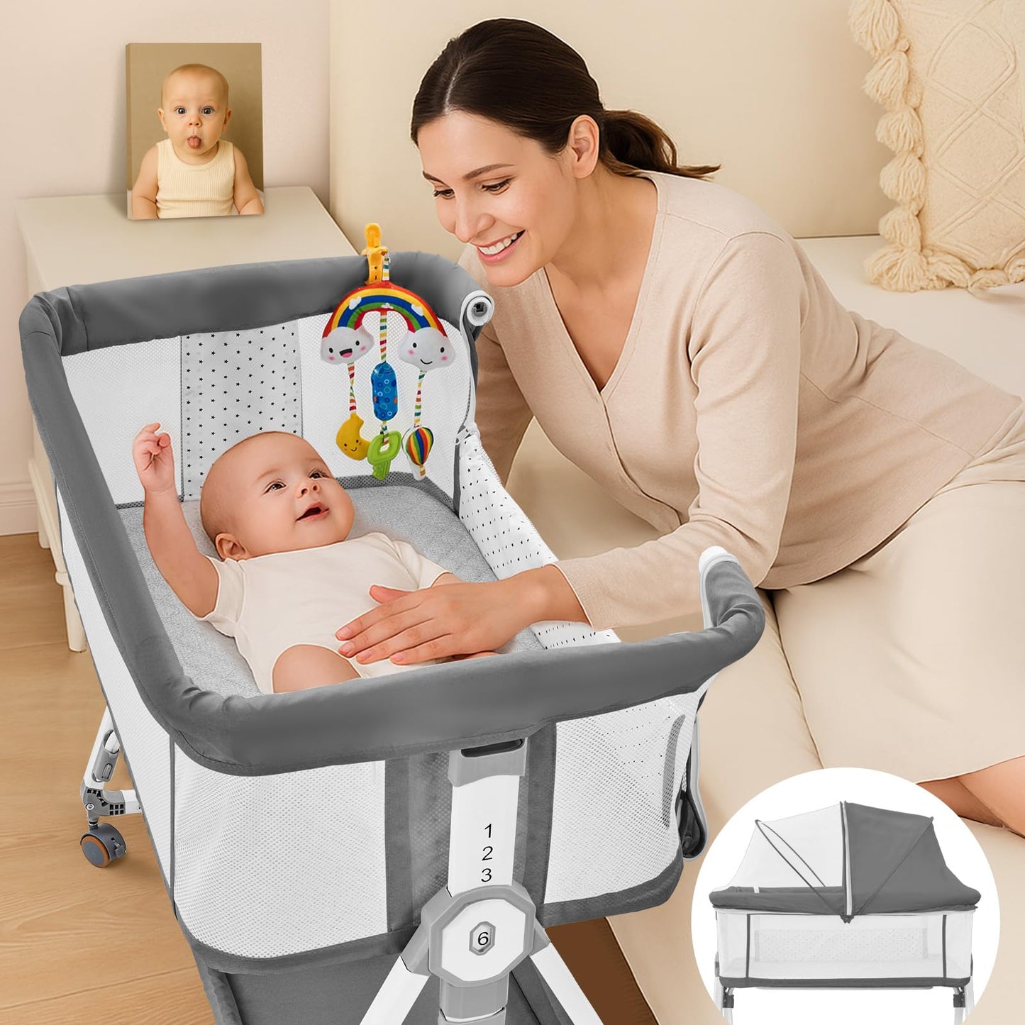 4-in-1 Baby Bassinet Bedside Sleeper — 6-Height Adjustable with Soft Mattress & Soothing Toy