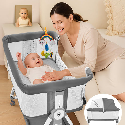 4-in-1 Baby Bassinet Bedside Sleeper — 6-Height Adjustable with Soft Mattress & Soothing Toy