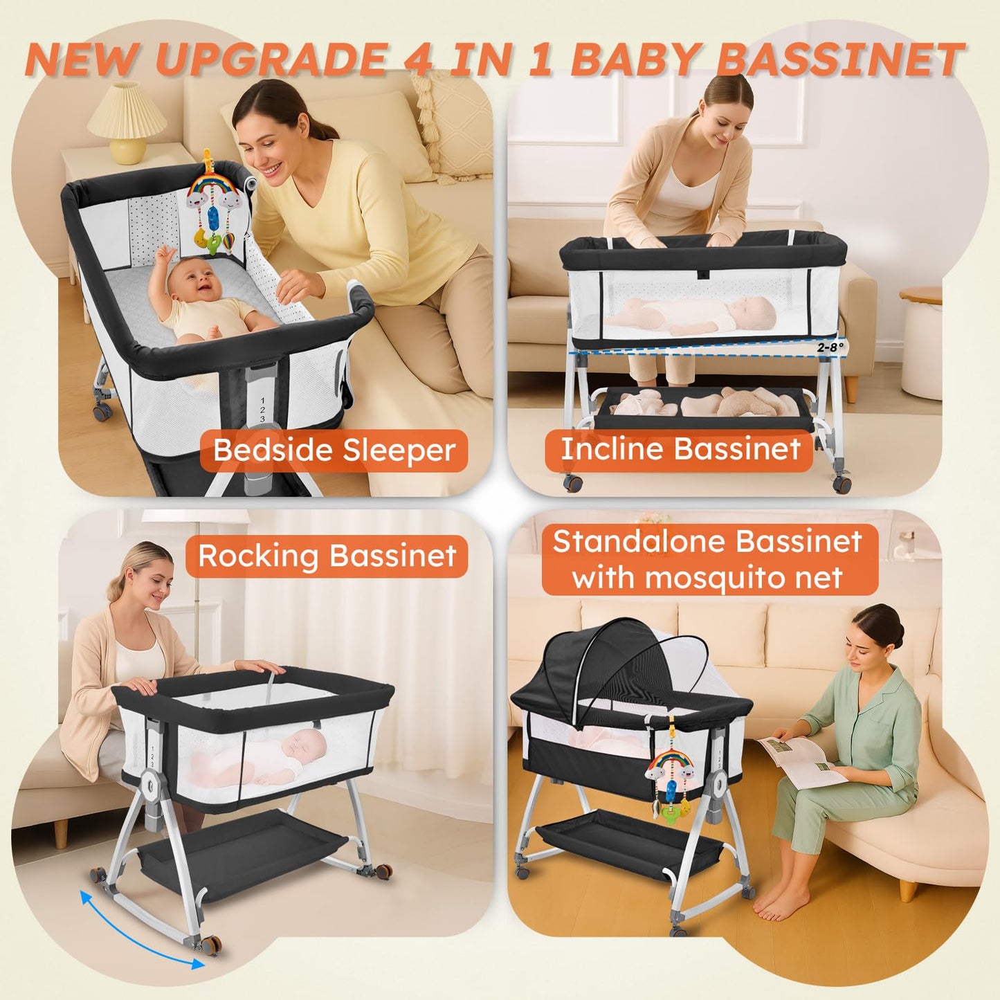 4-in-1 Baby Bassinet Bedside Sleeper — 6-Height Adjustable with Soft Mattress & Soothing Toy