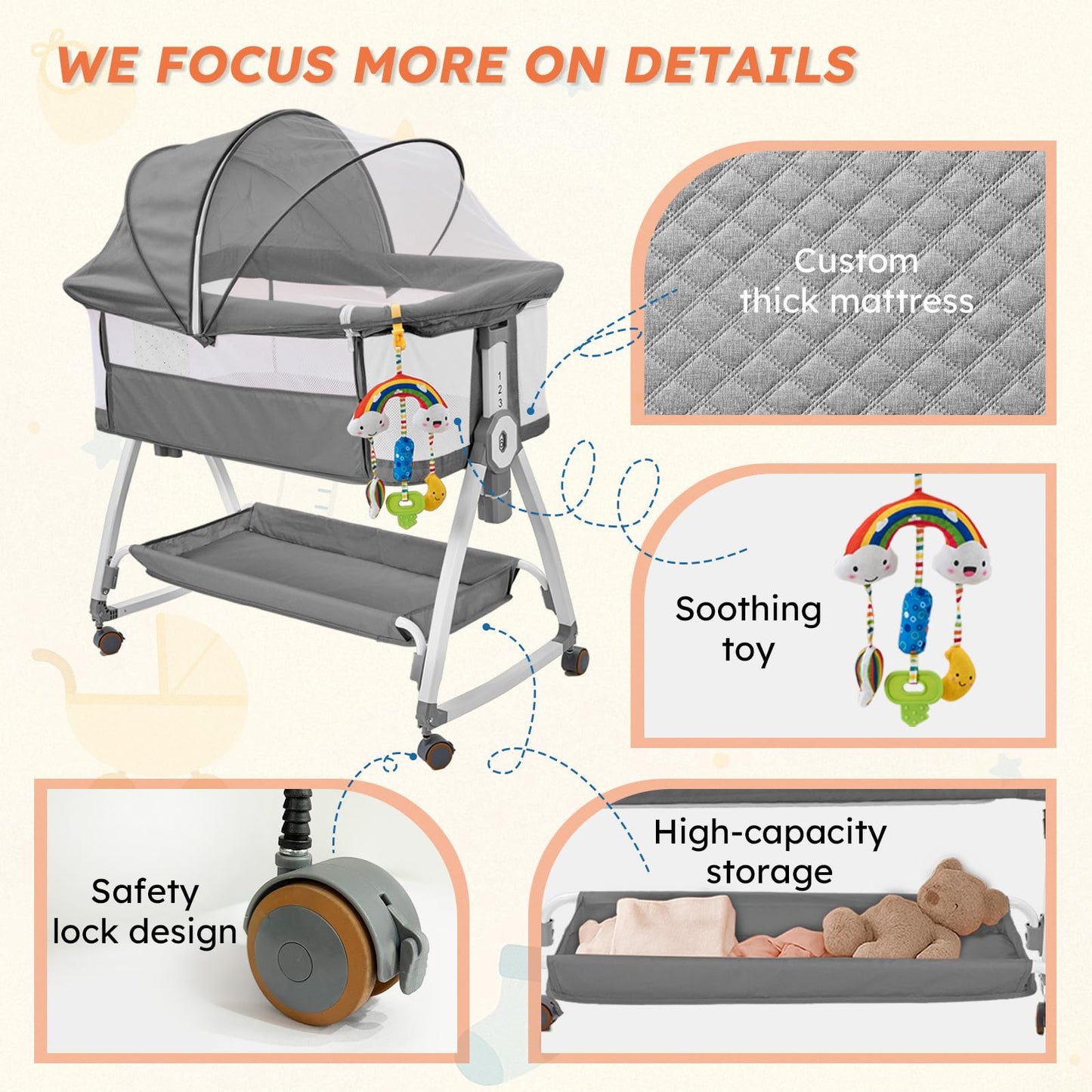 4-in-1 Baby Bassinet Bedside Sleeper — 6-Height Adjustable with Soft Mattress & Soothing Toy