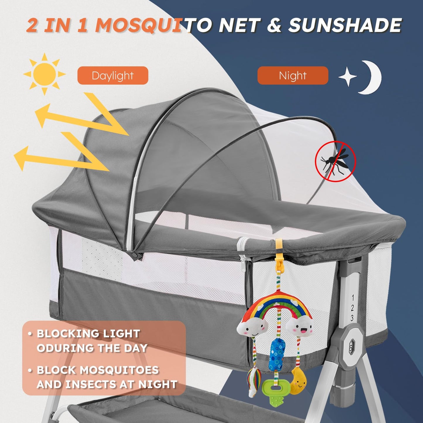 4-in-1 Baby Bassinet Bedside Sleeper — 6-Height Adjustable with Soft Mattress & Soothing Toy