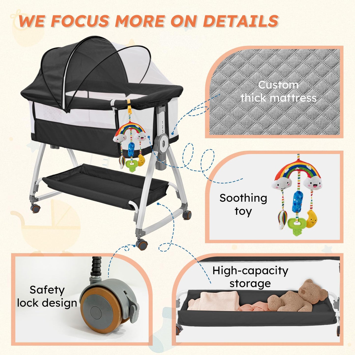 4-in-1 Baby Bassinet Bedside Sleeper — 6-Height Adjustable with Soft Mattress & Soothing Toy