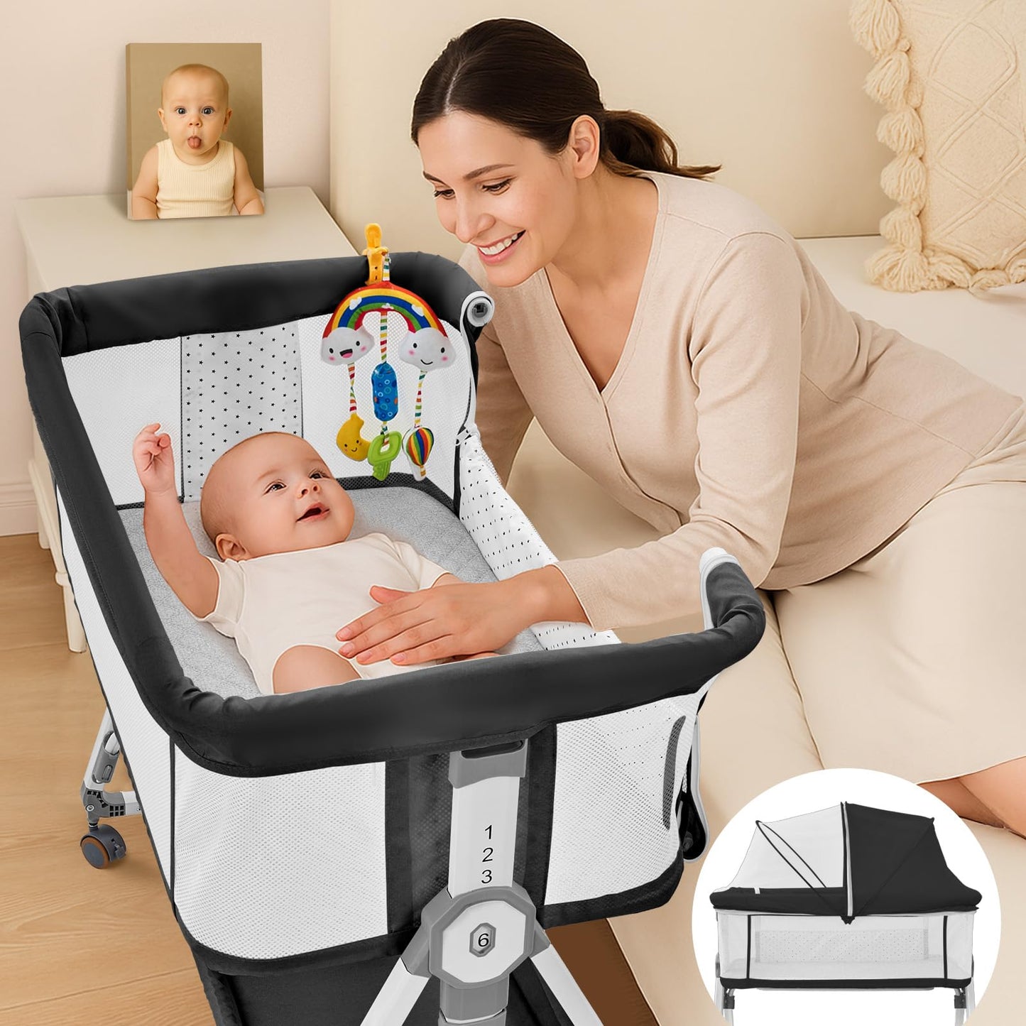 4-in-1 Baby Bassinet Bedside Sleeper — 6-Height Adjustable with Soft Mattress & Soothing Toy