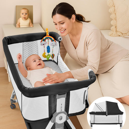 4-in-1 Baby Bassinet Bedside Sleeper — 6-Height Adjustable with Soft Mattress & Soothing Toy