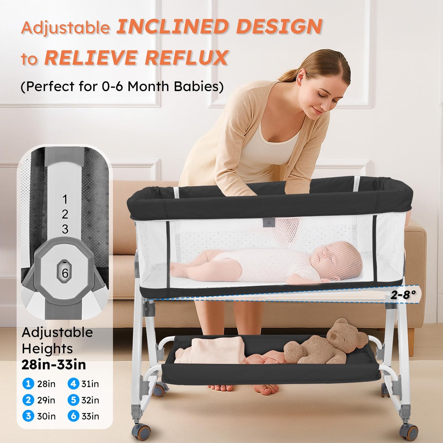 4-in-1 Baby Bassinet Bedside Sleeper — 6-Height Adjustable with Soft Mattress & Soothing Toy