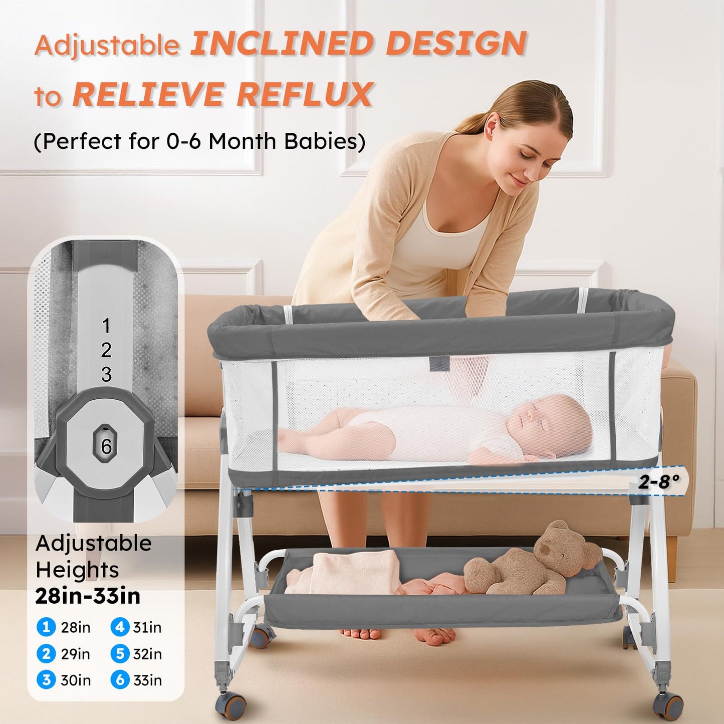 4-in-1 Baby Bassinet Bedside Sleeper — 6-Height Adjustable with Soft Mattress & Soothing Toy