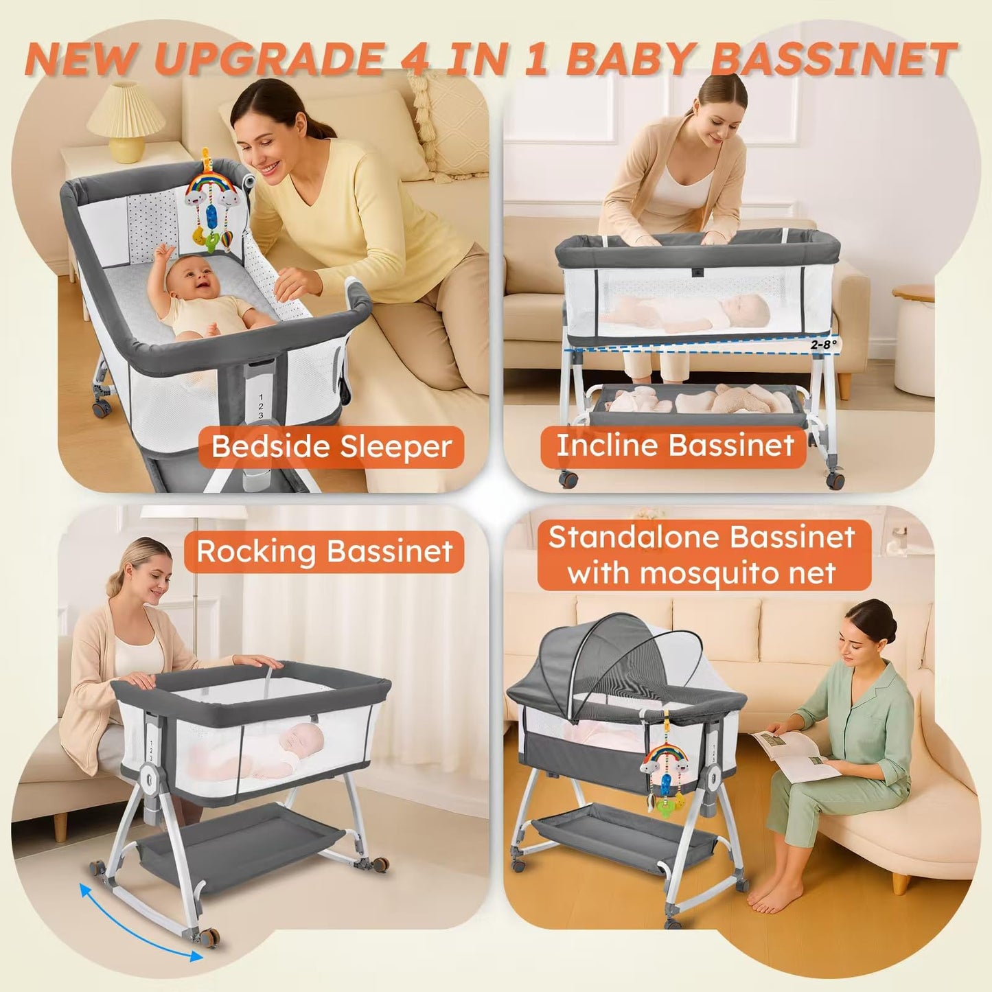 4-in-1 Baby Bassinet Bedside Sleeper — 6-Height Adjustable with Soft Mattress & Soothing Toy
