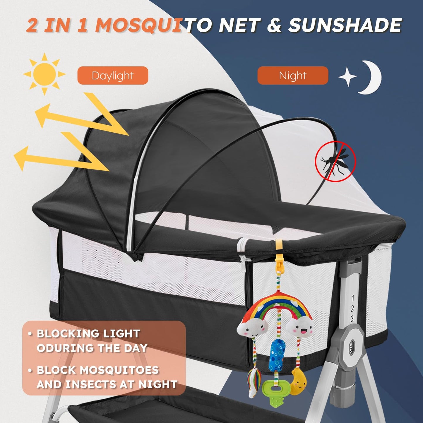 4-in-1 Baby Bassinet Bedside Sleeper — 6-Height Adjustable with Soft Mattress & Soothing Toy