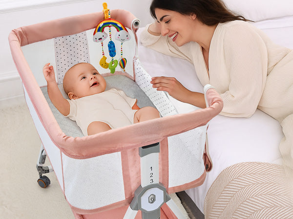 4-in-1 Baby Bassinet Bedside Sleeper — 6-Height Adjustable with Soft Mattress & Soothing Toy
