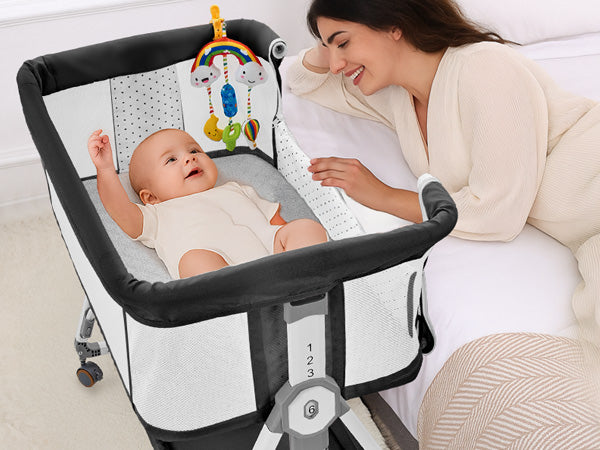 4-in-1 Baby Bassinet Bedside Sleeper — 6-Height Adjustable with Soft Mattress & Soothing Toy